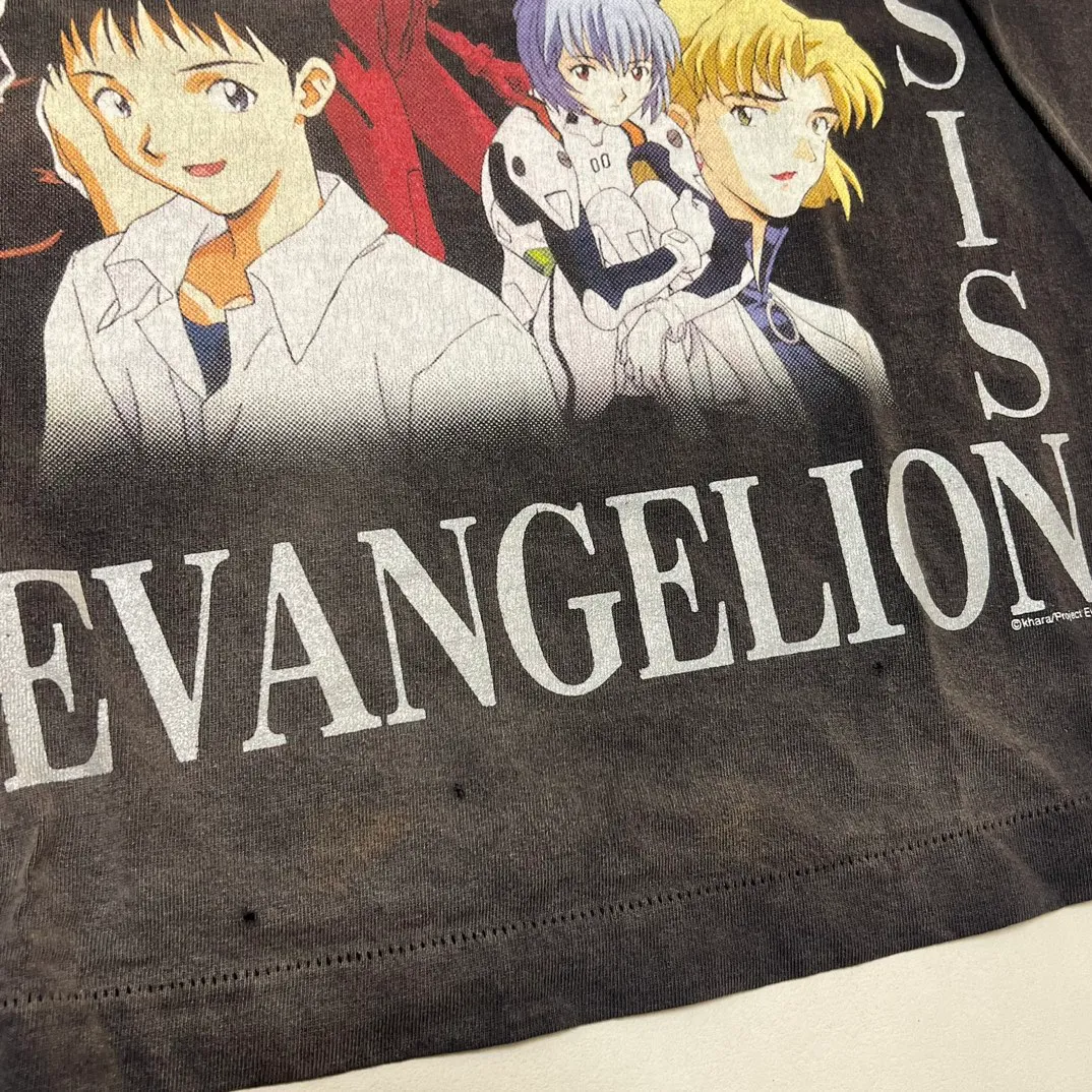 SAINT Mxxxxxx × EVANGELION NEON GNSIS TEE/BLK co-branded Neon Genesis Evangelion distressed short-sleeves, washed black S-XL, vintage NEW VINTAGE, top printing technology, garment dyeing, re-washed, distressed, correct co-branded main mark/washing mark
